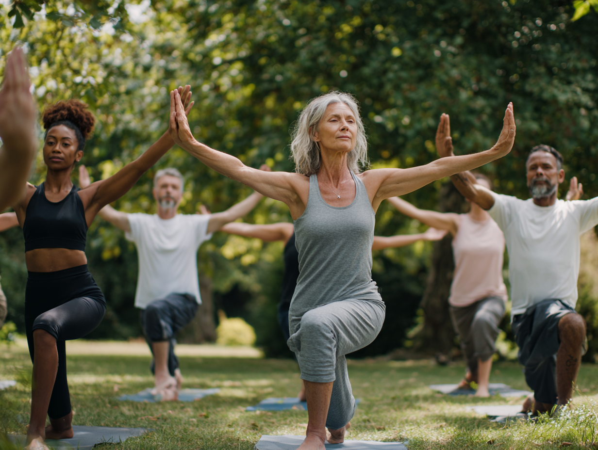 Femeie practicând yoga într-un cadru natural liniștit