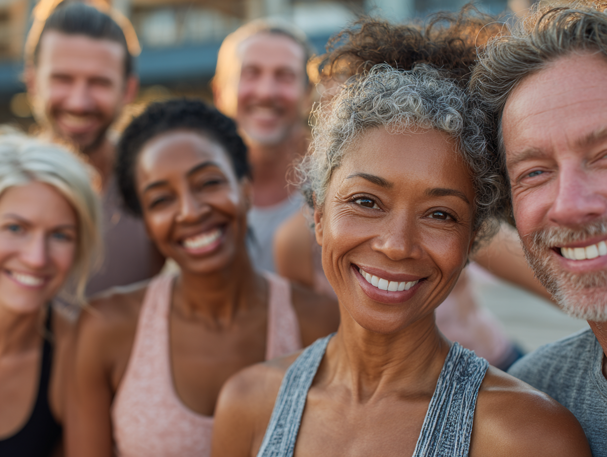 Grup de persoane de diferite vârste practicând yoga în parc